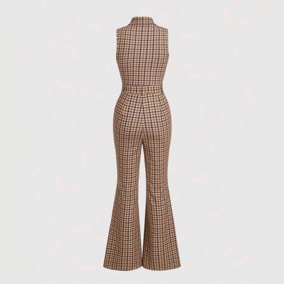 Stylish Houndstooth Jumpsuit - Black and Tan - Picture 3 of 7